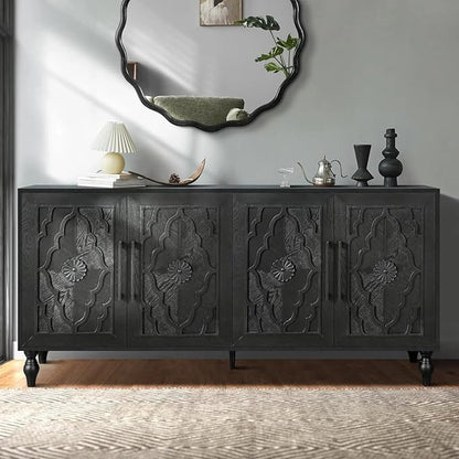 Sideboard Buffet Credenzas for Living Room, 63" Antique Black Entryway Table with Storage Accent Cabinet, Carved Flowers Doors & Wire Holes
