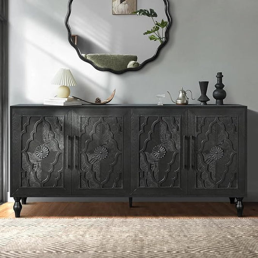 Sideboard Buffet Credenzas for Living Room, 63" Antique Black Entryway Table with Storage Accent Cabinet, Carved Flowers Doors & Wire Holes