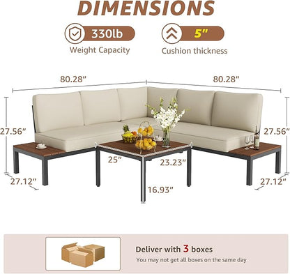NATURAL EXPRESSIONS Patio Furniture Sets, Metal Outdoor Sectional L Shape Corner Sofa Outdoor Couch with Detachable Backrest,3 Fauxwood Tables,Black Frame,Beige Olefin Cushions for Yard,Garden