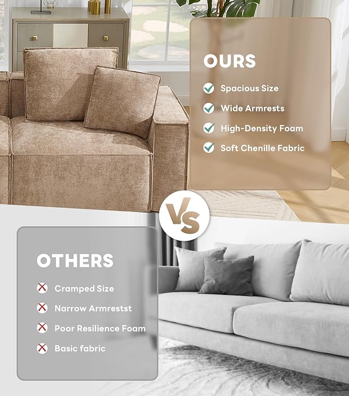 WILLOVE 78'' Modular Sectional Sofa, Chenille Cloud Couch with Wide Armrests & 4 Pillows, Deep Seat Couches for Living Room, Khaki