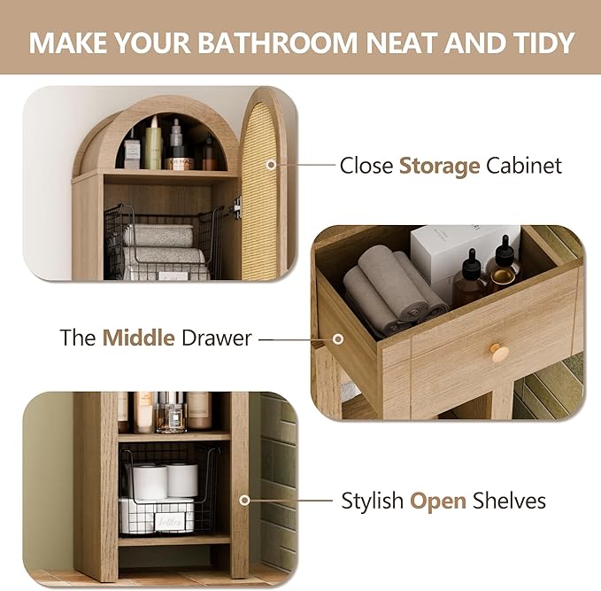 70" Tall Bathroom Storage Cabinet with Rattan Door，Narrow Storage Cabinet with Drawer Adjustable Shelves, Modern Arched Design Bathroom Cabinet for Bathroom, Living Room, Kitchen, Natural