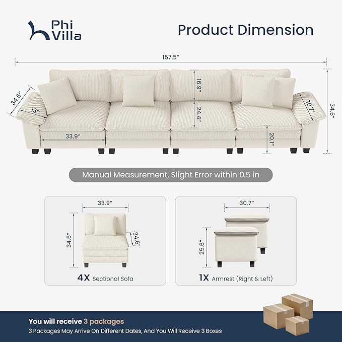 PHI VILLA Cloud Modular Couches Sets, 157.5" Long Sectional Sofa with Upholstered Deep Seat, 4-Seater Couches for Living Room, Chenille Corduroy Dual Fabric, Beige