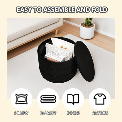 PINPLUS Large Round Velvet Storage Ottoman, Black Upholstered Footstool with Hidden Storage, Sturdy Coffee Table Ottoman for Living Room & Bedroom