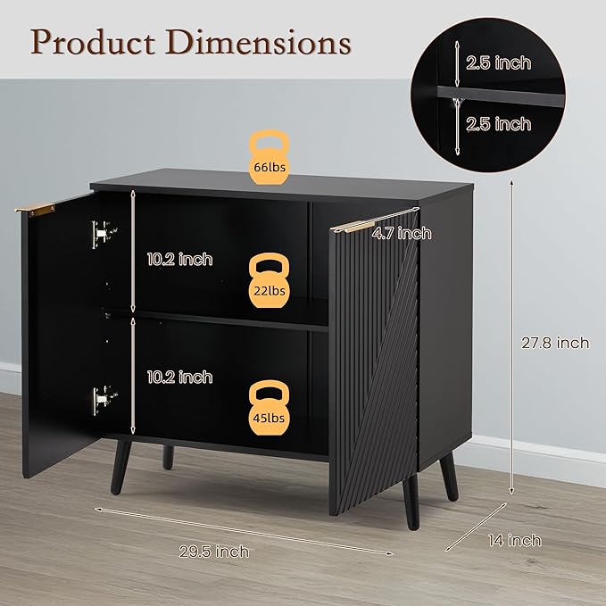 Fluted Storage Cabinet with Doors, Wood Sideboard Buffet Cabinet with Adjustable Shelf, Modern Accent for Living Room, Entryway (Set of 3, Black)