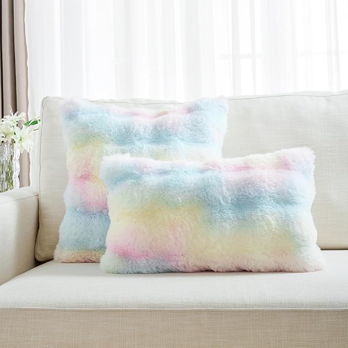 FUTEI Rainbow Decorative Throw Pillow Covers 26x26 Inch Set of 2,Soft Fuzzy Faux Rabbit Fur Euro Pillow Shams with Raised Texture,Neutral Boho Home Decor for Couch Bed Living Room