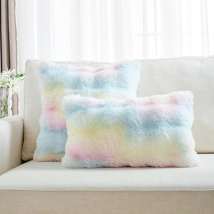 FUTEI Rainbow Decorative Throw Pillow Covers 26x26 Inch Set of 2,Soft Fuzzy Faux Rabbit Fur Euro Pillow Shams with Raised Texture,Neutral Boho Home Decor for Couch Bed Living Room