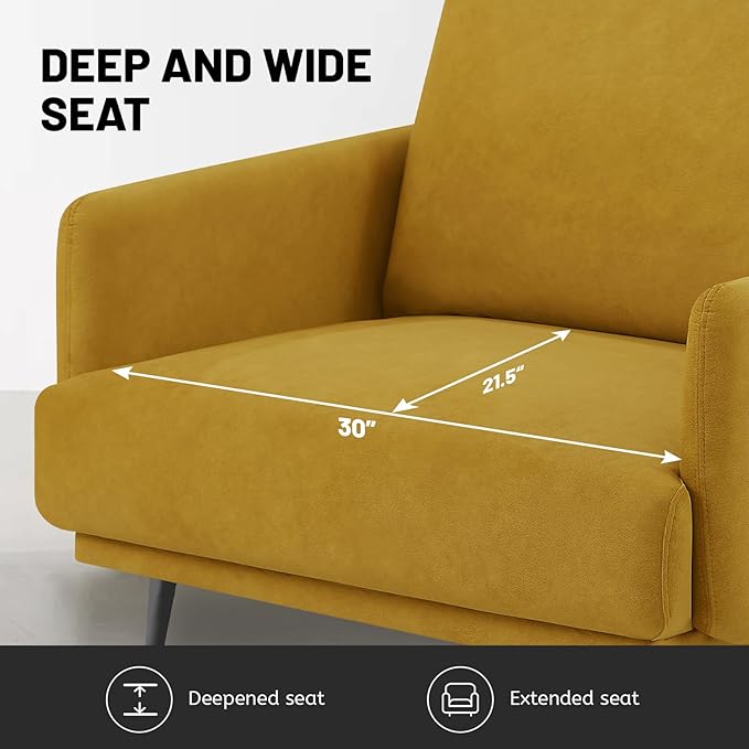 Oversized Accent Chair for Living Room Chairs Reading Arm Chair Comfy Modern Single Sofa Side Chairs with Metal Legs & Soft Cushion for Bedroom, Waiting Room (Velvet Yellow, Set of 2)