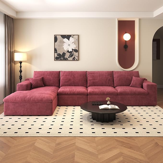 136.6'' L-Shaped Modern Modular Sectional Cloud Couch, 4-Seat Chenille Deep-Seat Sofa with Pillow for Living Room, Bedroom, Apartment, Wine Red