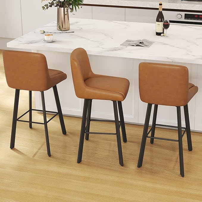 Swivel Counter Height Bar Stools Set of 3, 30''H Upholstered Barstools with Backs, Modern Bar Stool Chairs for Kitchen Island, Metal Legs, Faux Leather, Whiskey Brown Stools Counter Chair