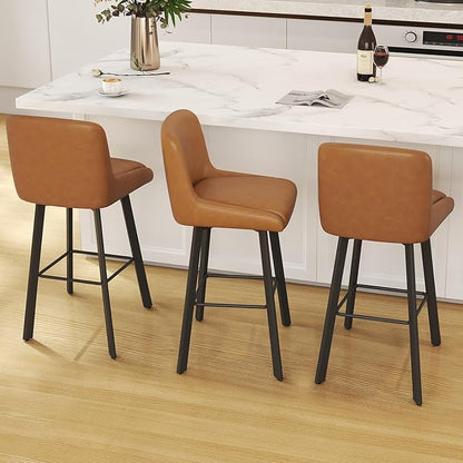 Swivel Counter Height Bar Stools Set of 3, 30''H Upholstered Barstools with Backs, Modern Bar Stool Chairs for Kitchen Island, Metal Legs, Faux Leather, Whiskey Brown Stools Counter Chair