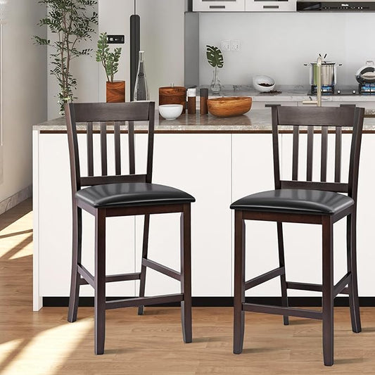 COSTWAY Counter Height Bar Stools Set of 2, 25'' Wooden Pub Chairs with PU Leather Seat, Mid Century Modern Upholstered Island Chairs for Kitchen, Living Room, Dining Room, Bar