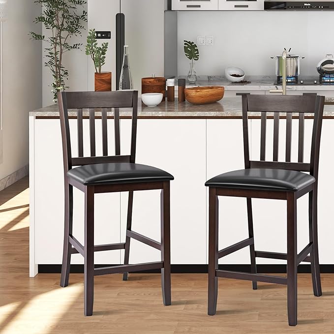 COSTWAY Counter Height Bar Stools Set of 4, 25'' Wooden Pub Chairs with PU Leather Seat, Mid Century Modern Upholstered Island Chairs for Kitchen, Living Room, Dining Room, Bar