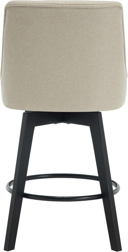 MINCETA Set of 2 Upholstered Bar Stools - 26 Inch Swivel Counter Height Stools with Low Tufted Back, Footrest & Performance Fabric - Khaki Round Seat for Kitchen Island & Home Bar