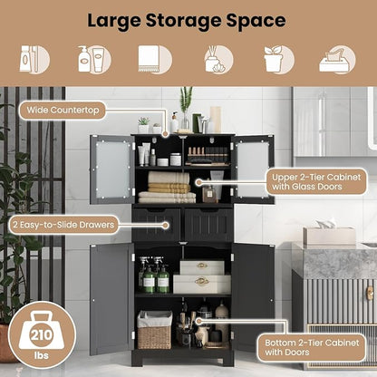 LOKO Bathroom Floor Cabinet, Storage Organizer with Glass Doors, Wooden Kitchen Cupboard with Adjustable Shelf for Living Room (Floor Cabinet with 2 Additional Drawers, Black)