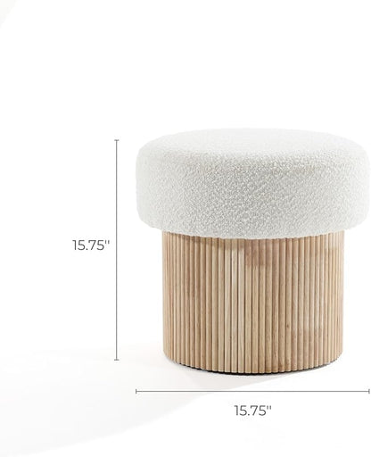 LuxenHome Storage Ottoman, 15.5"W x 15.5"H Modern Upholstered Padded Ivory Footstool with Storage and Wood Fluted Base, Accent Small Table, Footrest Vanity Stool for Living Room, Bedroom, Small Space
