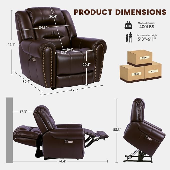 EONIX Classic Dual Motor Power Lift Recliner Chair for Elderly, 400lbs Heavy Duty Breathable Faux Leather Recliner with Heat and Massage, Lay Flat Lift Chair Recliner for Adults, SLRY005, Dark Brown