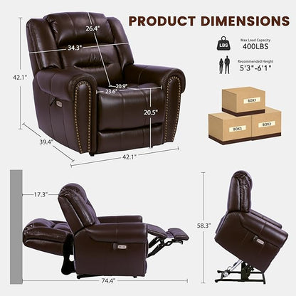 EONIX Classic Dual Motor Power Lift Recliner Chair for Elderly, 400lbs Heavy Duty Breathable Faux Leather Recliner with Heat and Massage, Lay Flat Lift Chair Recliner for Adults, SLRY005, Dark Brown