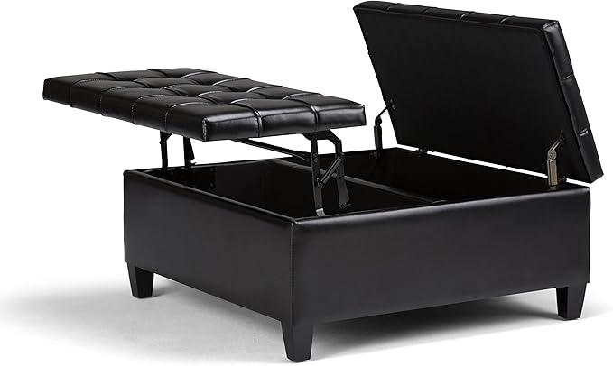 SIMPLIHOME Harrison 36 inch Wide Transitional Square Coffee Table Storage Ottoman in Midnight Black Vegan Faux Leather, Assembled, For the Living Room and Bedroom