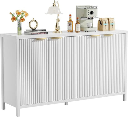 Fluted Sideboard Buffet Cabinet, 55" Large Storage Buffet Cabinet with 4 Doors and Adjustable Shelves, Modern Sideboard Console Table for Living Room,Entryway,Dinning Room,Kitchen-White