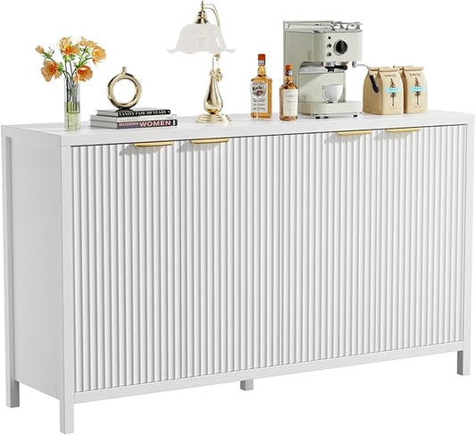 Fluted Sideboard Buffet Cabinet, 55" Large Storage Buffet Cabinet with 4 Doors and Adjustable Shelves, Modern Sideboard Console Table for Living Room,Entryway,Dinning Room,Kitchen-White