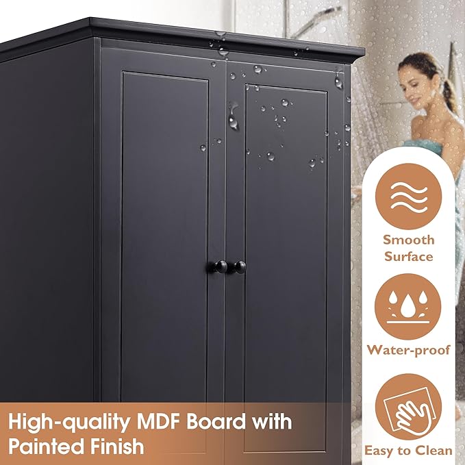P PURLOVE Tall Bathroom Storage Cabinet with 2 Doors and 4 Drawers,Narrow Bathroom Cabinet Standing,Wood Freestanding Bathroom Cabinet for Kitchen,Living Room,Black