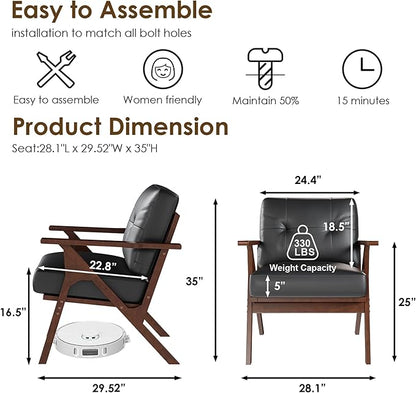STHOUYN Black Leather Office Accent Chair with Wooden Arms, Office Lounge Chair, Mid Century Modern Chair, Side Arm Chairs for Living Room, Guest Waiting Room Chairs (1, Black)