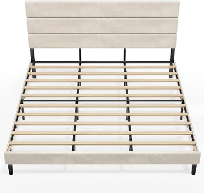 WLIVE King Size Upholstered Bed Frame, Velvet Square Tufted Headboard, Sturdy Metal & Wooden Slats Support, No Box Spring Needed, Beige