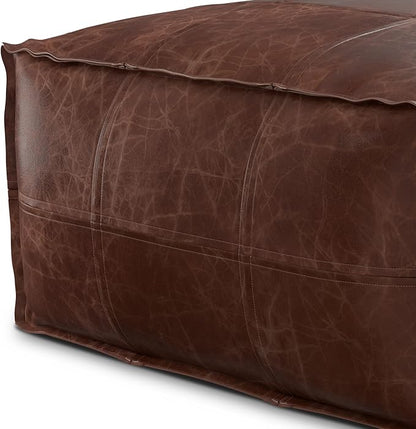 SIMPLIHOME Sheffield Boho Square Pouf in Distressed Brown Leather for the Living Room, Bedroom and Kids Room