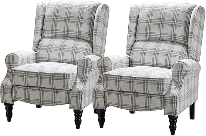 HULALA HOME Upholstered Wingback Recliner Chair Set of 2, Small Adjustable Footrest Push Back Single Reclining Sofa, Mid Century Modern Lounge Armchair for Living Room, Bedroom, Reading/Plaid Grey