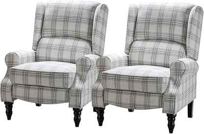 HULALA HOME Upholstered Wingback Recliner Chair Set of 2, Small Adjustable Footrest Push Back Single Reclining Sofa, Mid Century Modern Lounge Armchair for Living Room, Bedroom, Reading/Plaid Grey