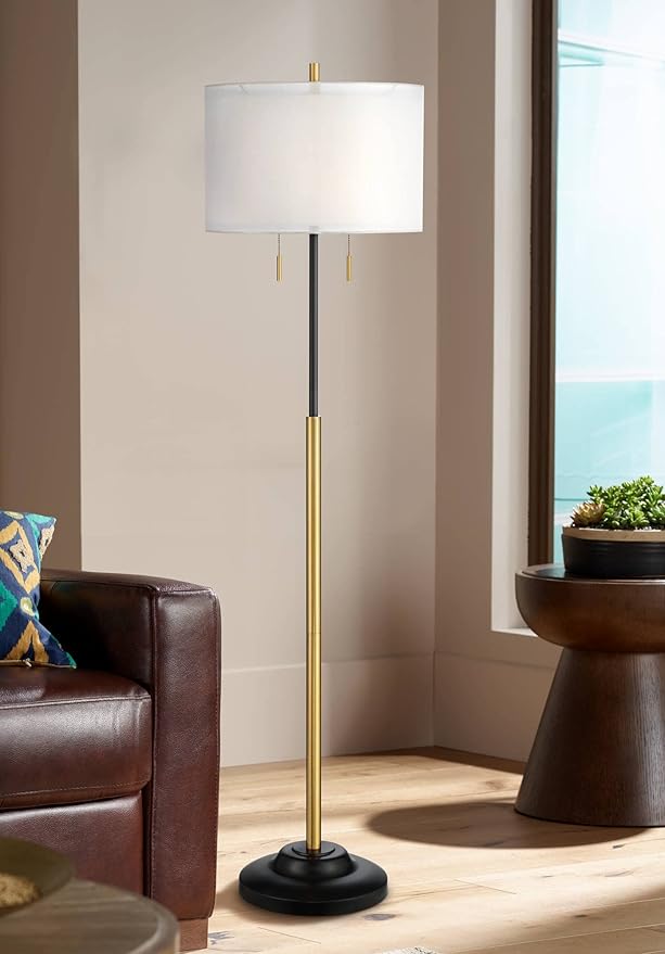 Possini Euro Design Roxie Modern Glam Floor Standing Lamp 65.5" Tall Sleek Brass Black Metal Double Layer Linen and Sheer Drum Shade Decor for Living Room Reading House Bedroom Home