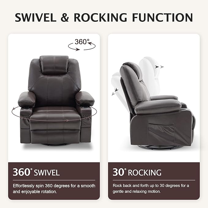 Oversized Swivel Rocker Recliner Sofa Chair with Heat and Massage, 360 Degree Swivel Single Sofa with Cup Holders and USB Port, Big Recliner Chair for Living Room(Leather, Chocolate Brown)