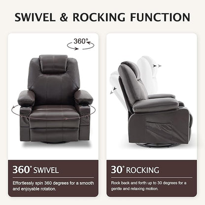 Oversized Swivel Rocker Recliner Sofa Chair with Heat and Massage, 360 Degree Swivel Single Sofa with Cup Holders and USB Port, Big Recliner Chair for Living Room(Leather, Chocolate Brown)