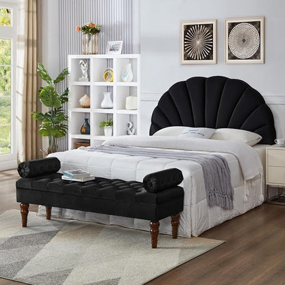 24KF Stunning Crown Design Queen Headboard, Upholstered Soft Velvet Petal Pattern Headboard Queen/Full, 6039-Q-Black
