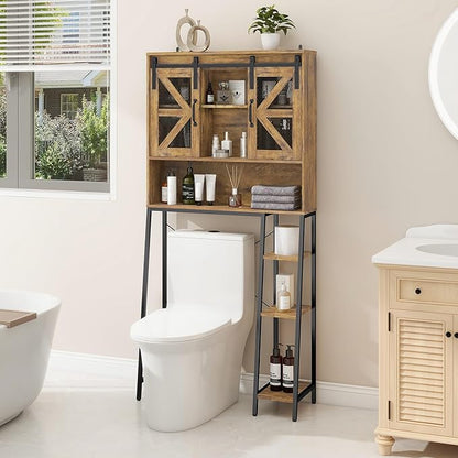 Over The Toilet Storage Cabinet, Farmhouse Storage Cabinet Over Toilet with 2 Sliding Barn Door，Home Space-Saving Toilet Rack, for Bathroom, Restroom, Laundry.(Brown)