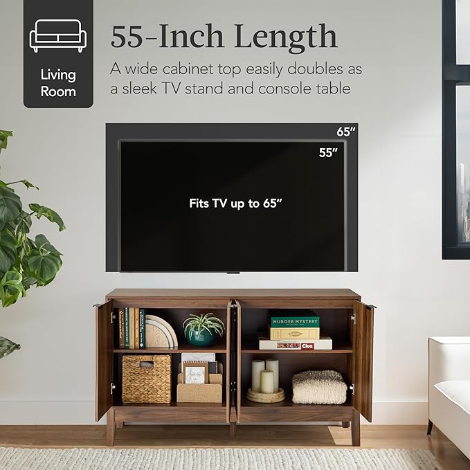 Best Choice Products 55" Modern 4-Door Sideboard Storage Cabinet, Buffet, Media Cabinet, Cupboard, Entryway Accent Table, Bookcase w/Reed Panels and Adjustable Shelves – Walnut