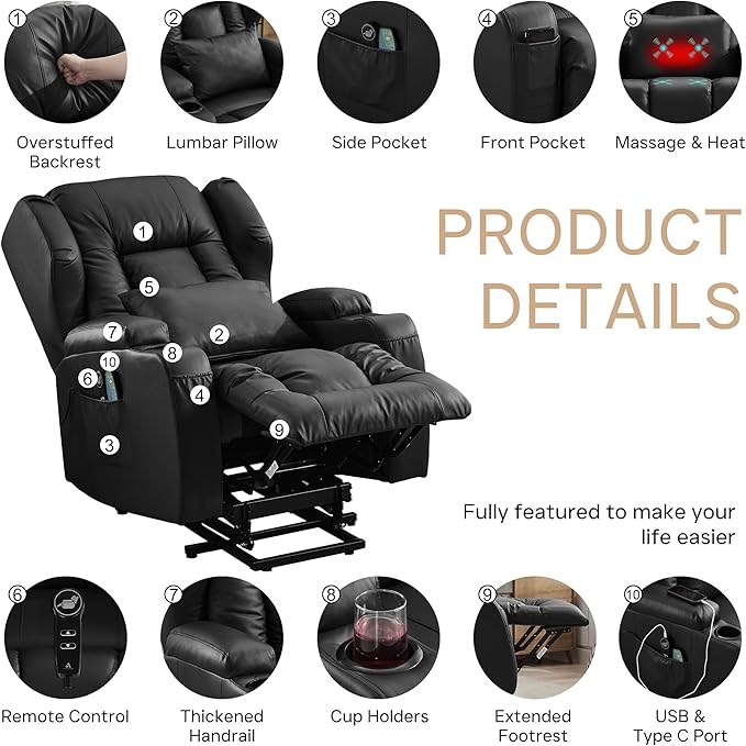 Power Lift Recliner Chair for Elderly, Electric PU Leather Reclining Single Sofa with Massage & Heat, Side Pocket, Cup Holders and USB/Type-C Charge Port for Living Room (Black)