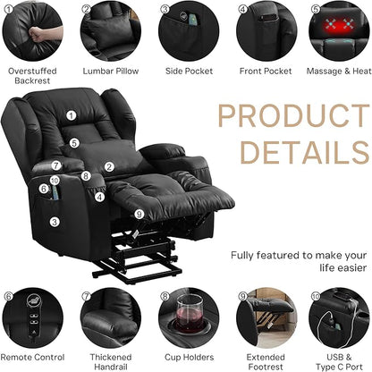 Power Lift Recliner Chair for Elderly, Electric PU Leather Reclining Single Sofa with Massage & Heat, Side Pocket, Cup Holders and USB/Type-C Charge Port for Living Room (Black)