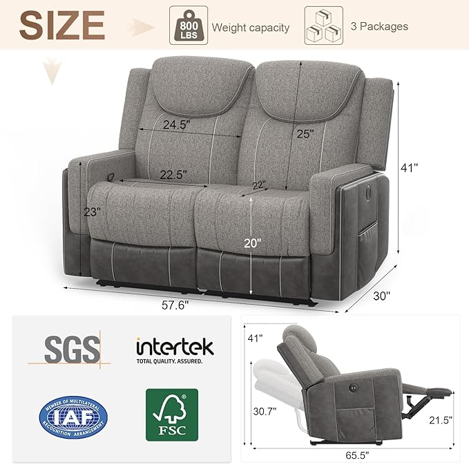 Manual Loveseat Recliner Sofa, Grey Fabric & Chocolate Leather 2-Seater Couch with USB Ports, Split Back, Wall Hugger RV Furniture, Modern Reclining Loveseat for Living Room