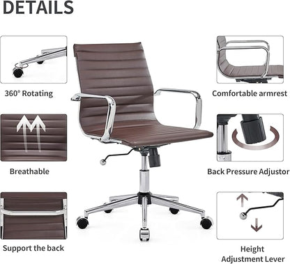 COROCC Office Desk Chair Modern Conference Room Task Chairs Leather Computer Swivel Excutive Ribbed Ergonomic Rolling Comfortable Chair for Home Office