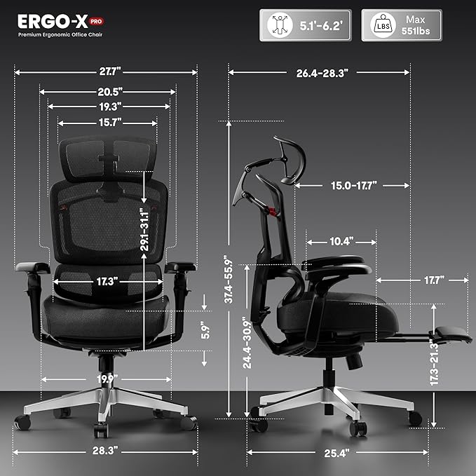 FLEXISPOT ErgoX-PRO Ergonomic Office Chair with Footrest Black – Cloudtech Cushion, 5D Lumbar, 7D Armrests, 4D Headrest, 551LBS Capacity – Office, Gaming, Home