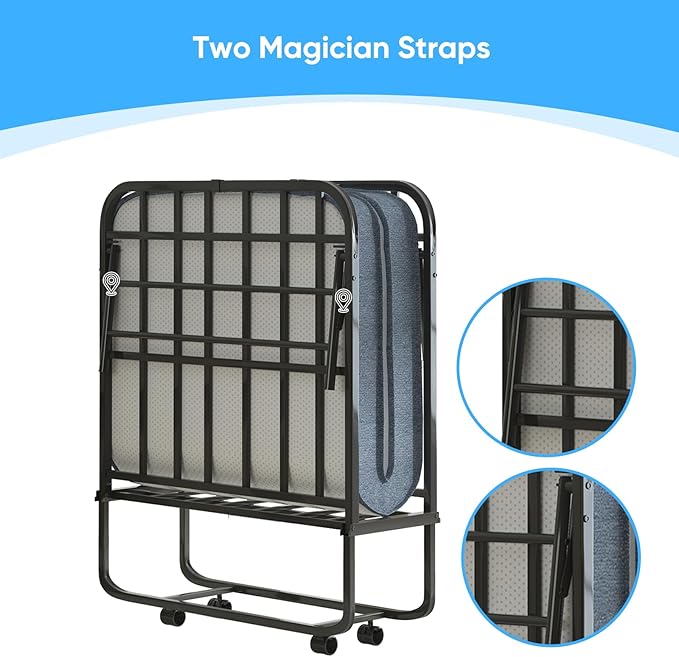 Mjkone Folding Bed with Mattress, 5 Inch Rollaway Bed for Adults, Fold Up Beds with Lockable Wheels, Sturdy Metal Fold Away Frame for Bedroom/Guest, Space Saving（75" x 38"）