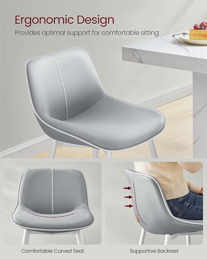 VASAGLE Bar Stools Set of 2, Bar Height Bar Stools with Back, Ergonomic Backrest, Synthetic Leather, Metal Legs, 28.7-Inch Tall Barstools for Kitchen Island Home Bar, Easy Assembly, Dove Gray