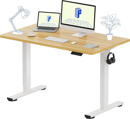 FLEXISPOT EN1 One-Piece Standing Desk 48 x 24 Inches Height Adjustable Electric Sit Stand Up Desk for Home Office (White Frame + Maple Desktop)