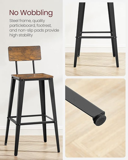 VASAGLE Set of 4 Bar Stools, Bar Height Stools, 29.1 Inches Tall Barstools with Back, Counter Bar Chairs for Kitchen Island, Steel Frame, Industrial Style, Easy Assembly, Rustic Brown and Ink Black