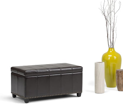 SIMPLIHOME Amelia 33 inch Wide Transitional Rectangle Storage Ottoman Bench in Tanners Brown Vegan Faux Leather, Assembled, For the Living Room, Entryway and Family Room