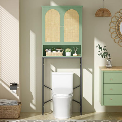 Rattan Toilet Storage Cabinet, Over The Rack Wood Cabinet with Metal Stand, Bathroom Organizer with Adjustable Shelf, Space Saving Cupboard for Small Bathrooms, Washer Shelf, Green