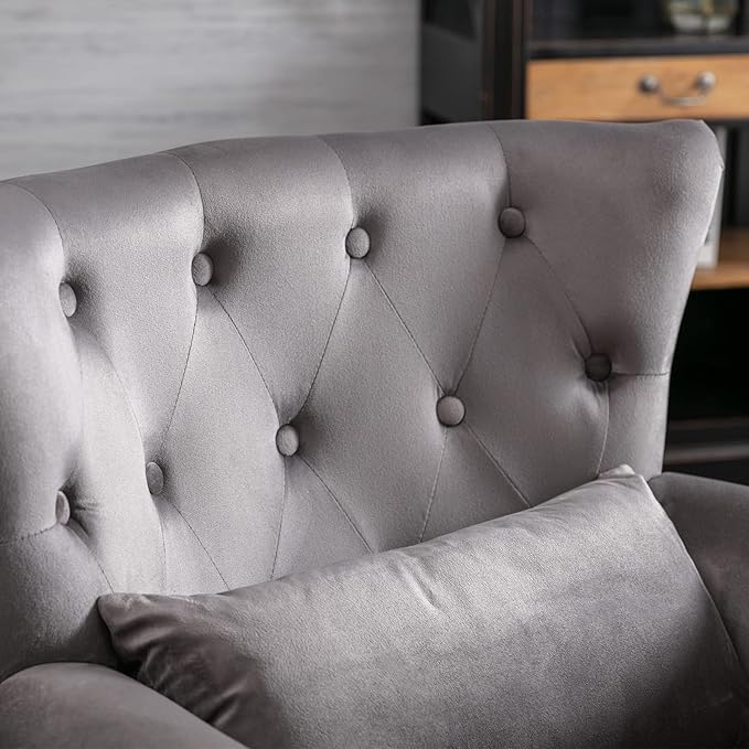 Accent Reading Arm Chairs for Living Room Bedroom, Midcentury Modern Comfy Corner Sofa Chair, Wingback Waiting Room Club Chair with Button Tufted Back &Lumbar Pillow, Velvet Grey