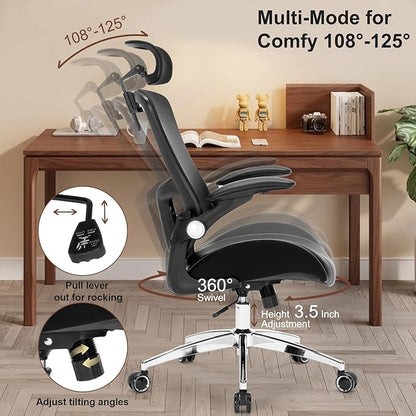 Heavy Duty Office Chair - 400lbs Home Office Desk Chairs with Soft 3D Modeling Wide Foam Cushion, Ergonomic Desk Computer Chair with Adjustable Headrest and Flip-Up Arms for Study, Bedroom