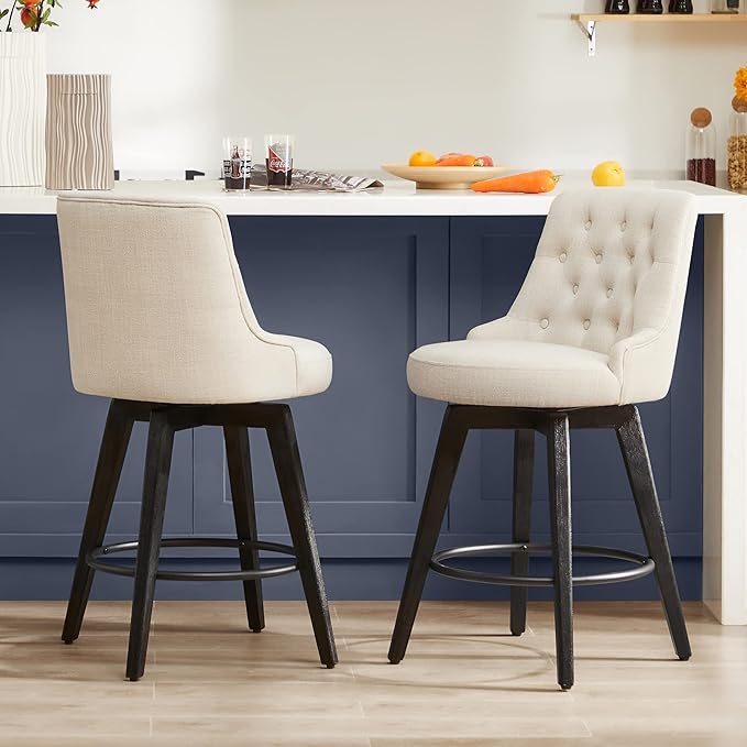 Watson & Whitely Modern Swivel Bar Stools, Faux Leather Upholstered Counter Height Bar Stools with Back, Solid Wood Legs, 26" H Seat, Set of 2, Stone Grey